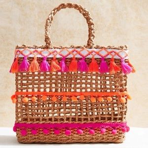 NWOT SHEIN VCAY Pom Pom & Tassel Decor Straw Bag